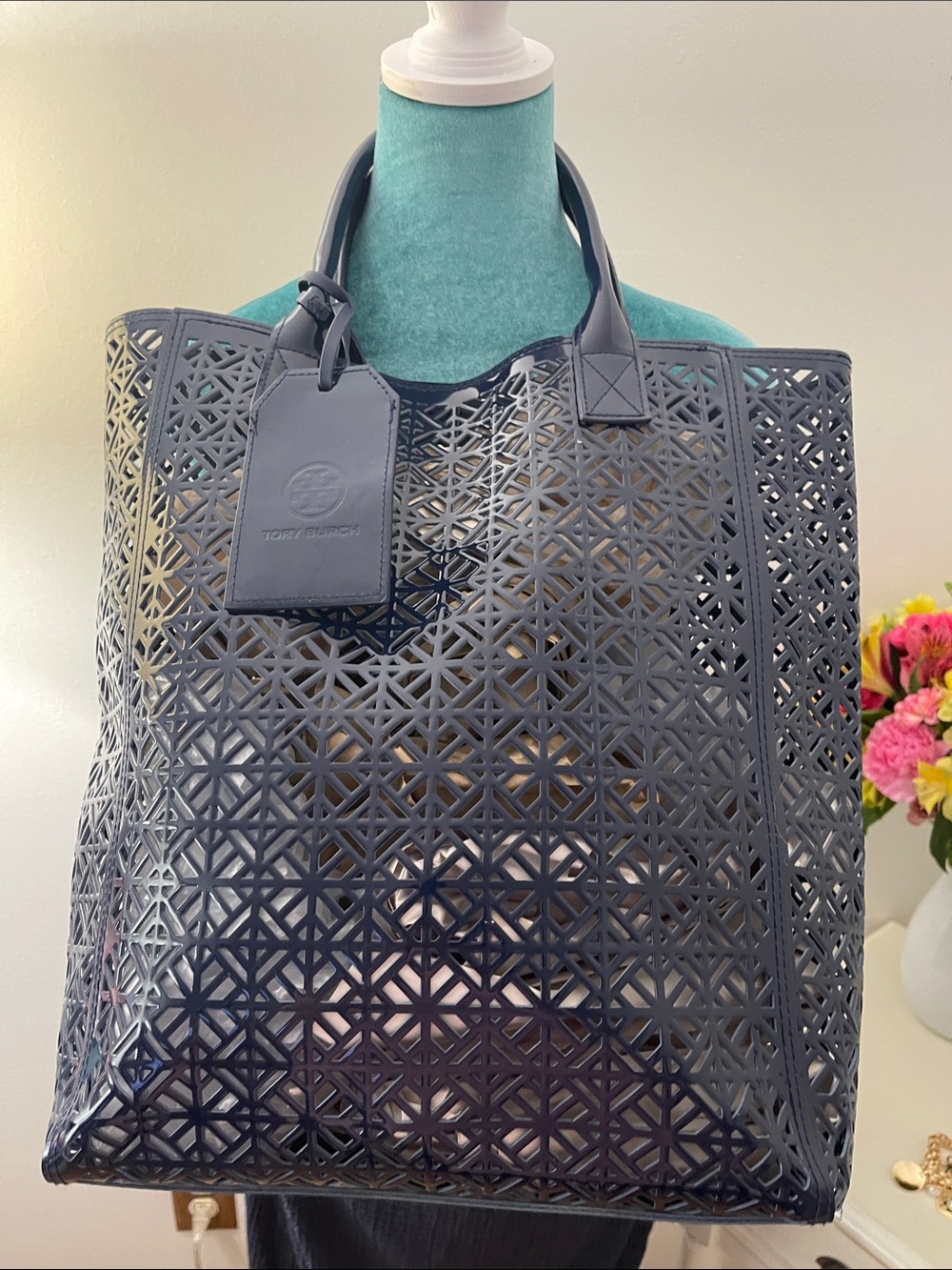 Tory Burch Navy Patent Laser-Cut Tote Bag - Picture 9 of 9